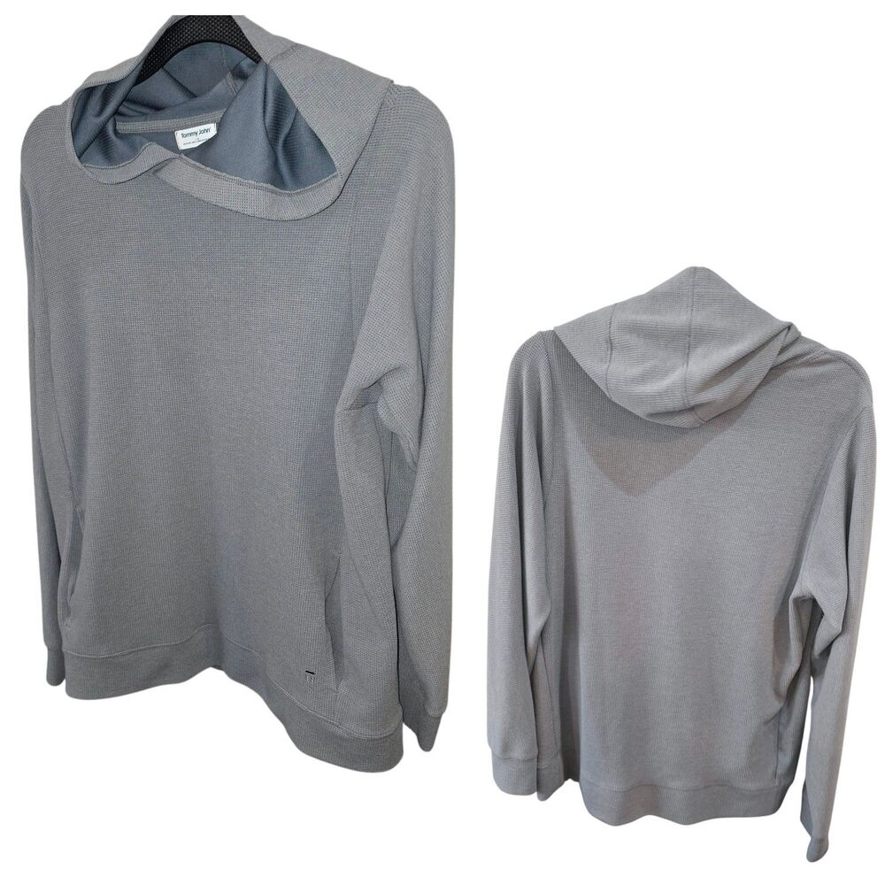 TOMMY JOHN Sz L Gray Thermal Hoodie Side Pockets Casual Lounge Pullover Sweater